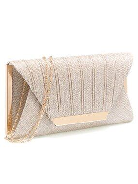 Sparkling Mesh Evening Clutch with Gold Metal Alloy Accents Detachable Chain